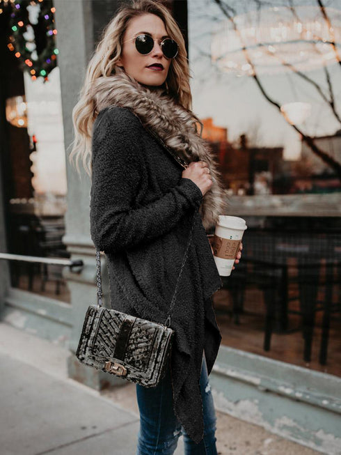 Fur collar cardigan plush trench coat - ROUTINE FASHION